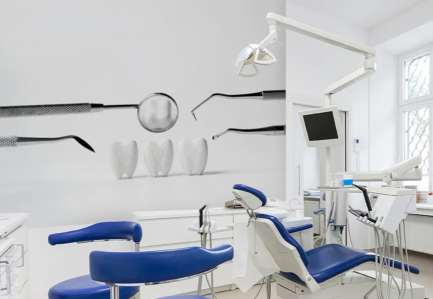 کاغذ دیواری سه بعدی مطب دندانپزشکی طرح ابزاردندانپزشکی